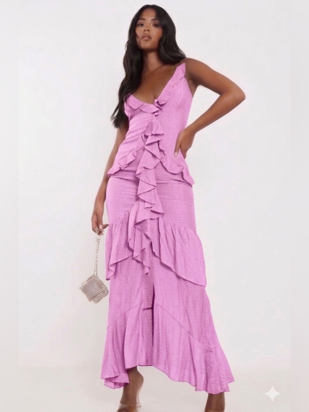 NWT TALL PRETTYLITTLETHINGS PINK LILAC TEXTURED FRILL MAXI DRESS SZ 10 TALL